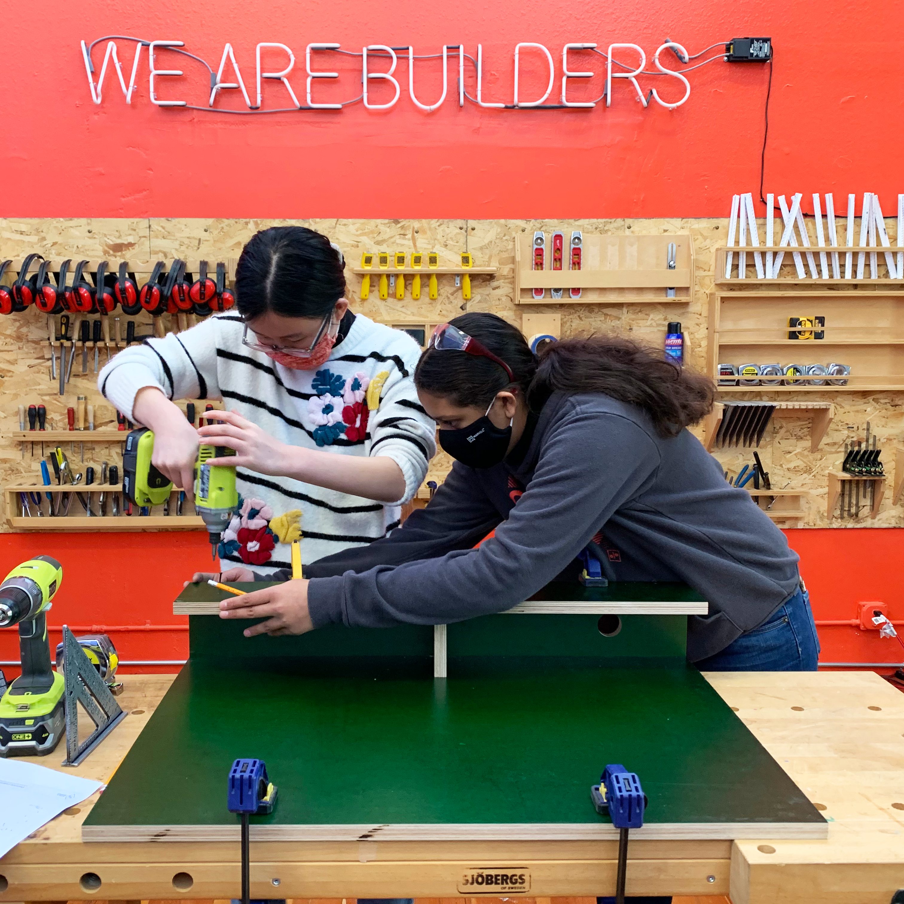 Girls build distance learning desks at Girls Garage