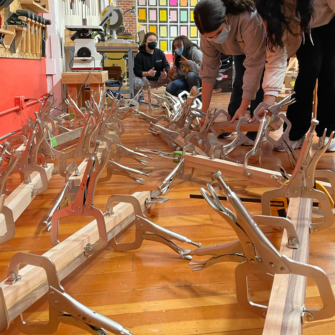 hardwood logs for cutting boards clamped